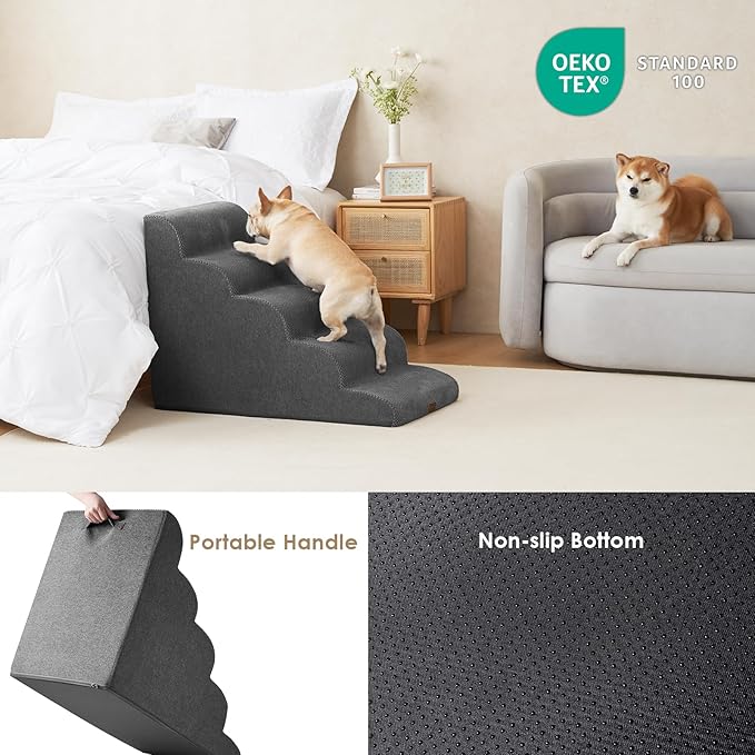 EHEYCIGA Curved Dog Stairs for High Beds, 5-Step Extra Wide Dog Steps for Small Dogs and Cats, Pet Stairs for High Bed Climbing, Non-Slip Balanced Pet Step Indoor, Grey