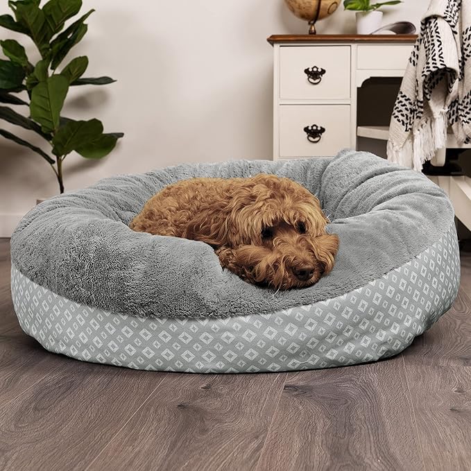 Furhaven Dog Plush Donut Bed, 36' Round, Gray, Large, 75 lbs Capacity, Recycled Fill, Removable Cover