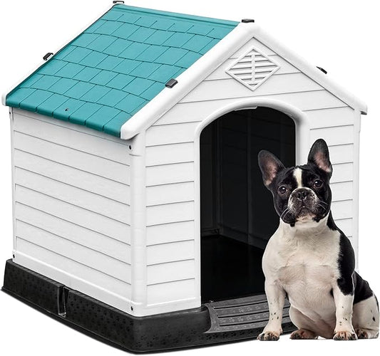 YITAHOME 28.5'' Plastic Dog House Outdoor Indoor Doghouse Puppy Shelter Water Resistant Easy Assembly Sturdy Dog Kennel with Air Vents and Elevated Floor (28.5''L*26''W*28''H, Blue)