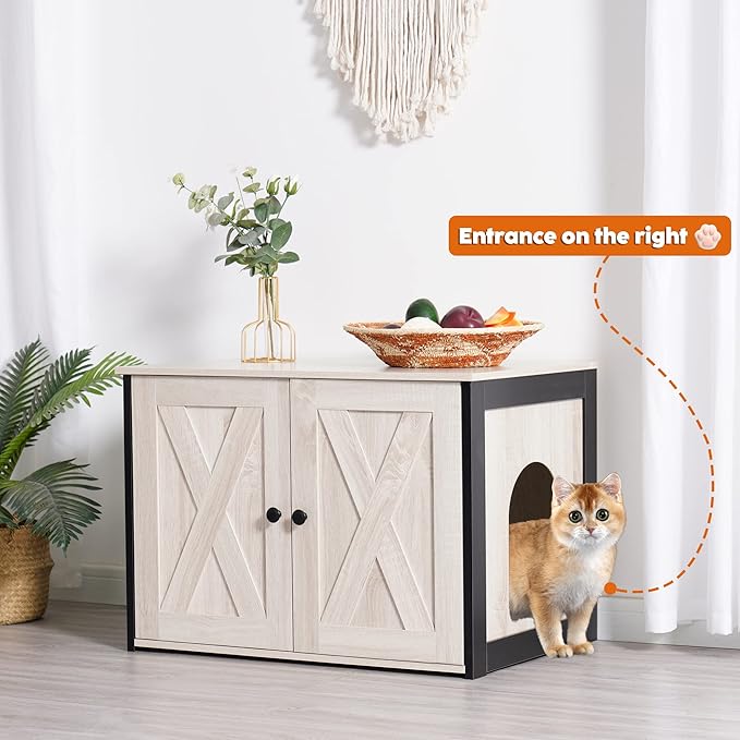 DWANTON Litter Box Enclosure, Cat Litter Box Furniture Hidden, Reversible Entrance Can Be on Left or Right Side, Wooden Cat Washroom Indoor, Fit Most of Litter Box, Beige