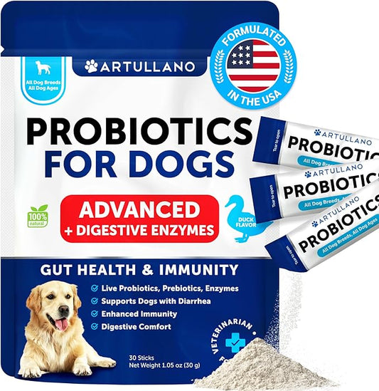 Probiotic Powder for Dogs - Support Gut Health, Itchy Skin, Allergies, Immunity, Yeast Balance - Dog Probiotics and Digestive Enzymes with Prebiotics - Reduce Diarrhea, Gas - 30 Probiotic Sticks