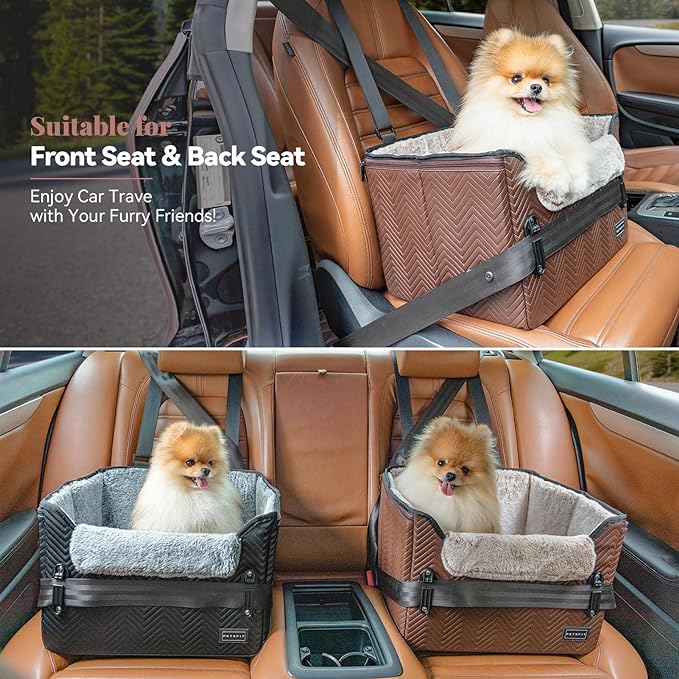 PETSFIT Car Seat for Dogs, Waterproof PU Leather Dog Car Seat for Small Dogs with Patent Safe Buckles, Clip-On Leash, Pet Travel Carrier Bed for Small Pets Up to 25lbs (Brown)