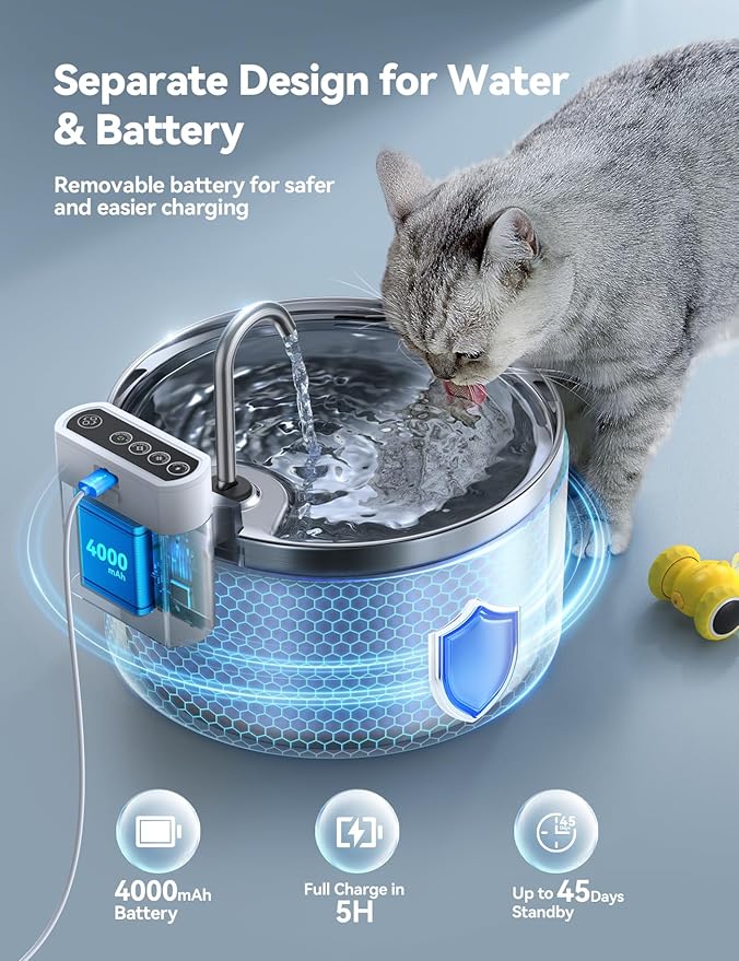 Wireless Cat Water Fountain [Water & Battery Separation] FEELNEEDY Stainless Steel Automatic Pet Water Dispenser, 4000mAh Battery Operated Water Fountains for Cats Dogs - 3.5L/118oz