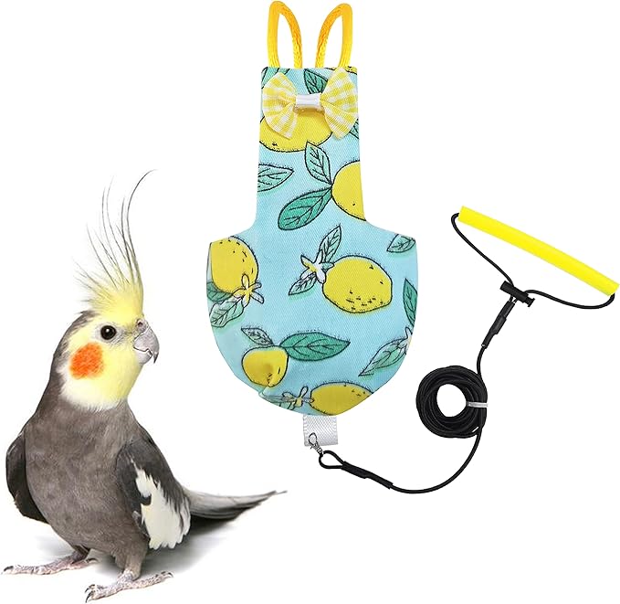 VANFAVORI Bird Diaper Harness Flight Suit Clothes with 80 Inch Flying Leash for Parrots Cockatiel Pet Bird, Lemon, Including A Cotton Pad