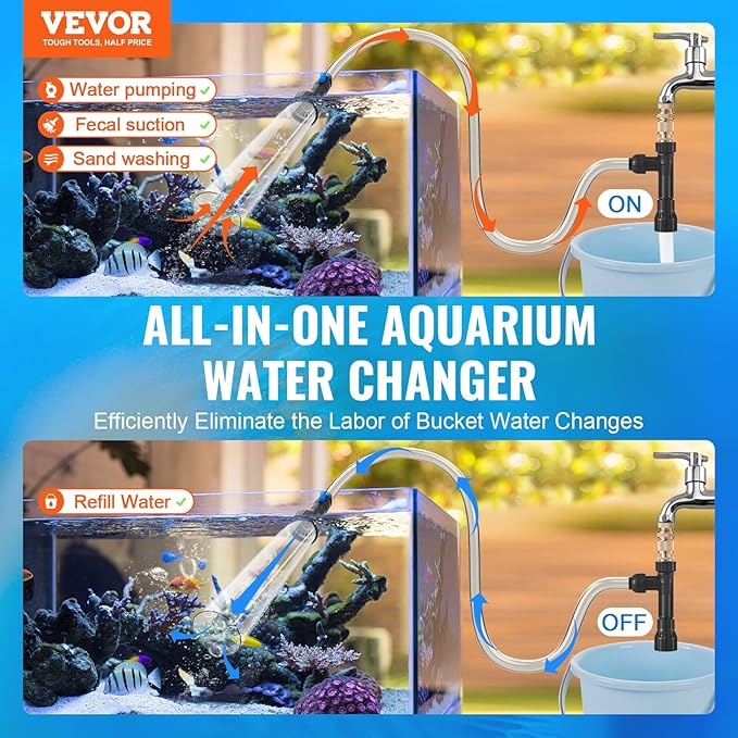 VEVOR Aquarium Vacuum Gravel Cleaner, 33 ft PVC Hose Fish Tank Vacuum Gravel Cleaner, Siphon Fish Tank Cleaner Vacuum, 3 Types of Brass Adapters, for Fish Tank Cleaning Gravel & Sand