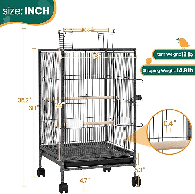 Yaheetech 35 inch Wrought Iron Bird Cage w/Play Open Top and Rolling Stand for Small Birds Like Parrots Conure Lovebird Cockatiel Lovebirds Budgies