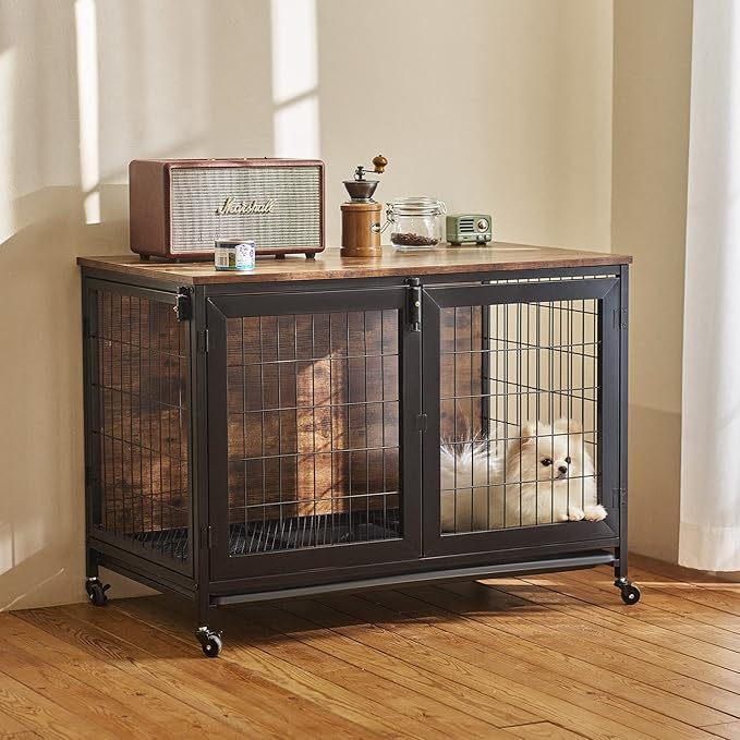 CO-Z 37 Inch Furniture Dog Crate with Wheels, 110 lb Pet Puppy Dogs Indoor Furniture Style Wooden Kennel, Heavy Duty Pet Cage House for Small Medium Large Dogs, Triple-Door Side End Table Dog House