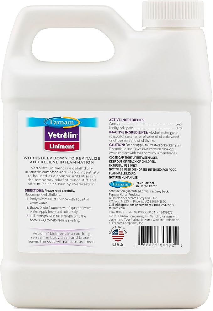 Farnam Vetrolin Horse Liniment for Muscle Soreness, Stiffness and Inflammation Relief on Horses, Helps Reduce Swelling, Aids in Pain Relief, 32 Oz.