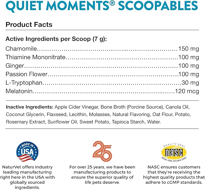 NaturVet Scoopables Quiet Moments Dog Calming Aid for Dogs - Promotes Calm with Stressful Events Like Storms, Fireworks, Travel, Separation Anxiety - Hickory Smoked Bacon Flavored | 11oz Bag