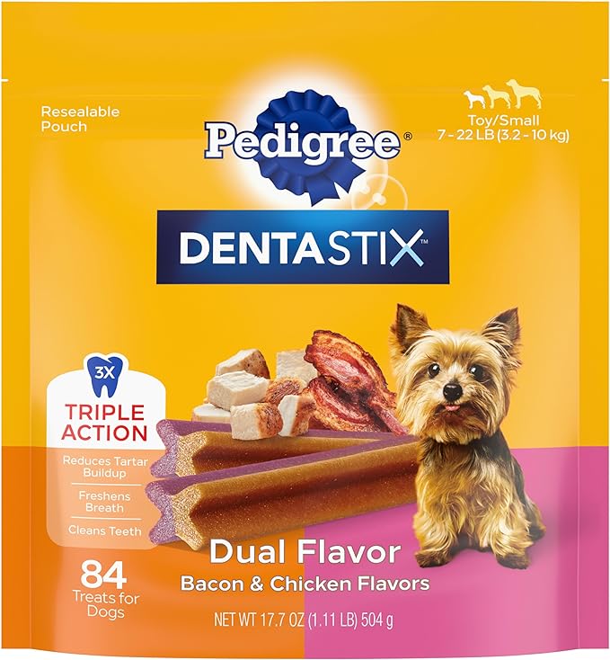 PEDIGREE DENTASTIX Dual Flavor Small Dog Dental Treats, Bacon & Chicken Flavors Dental Bones, 18.24 oz. Pack (84 Treats)