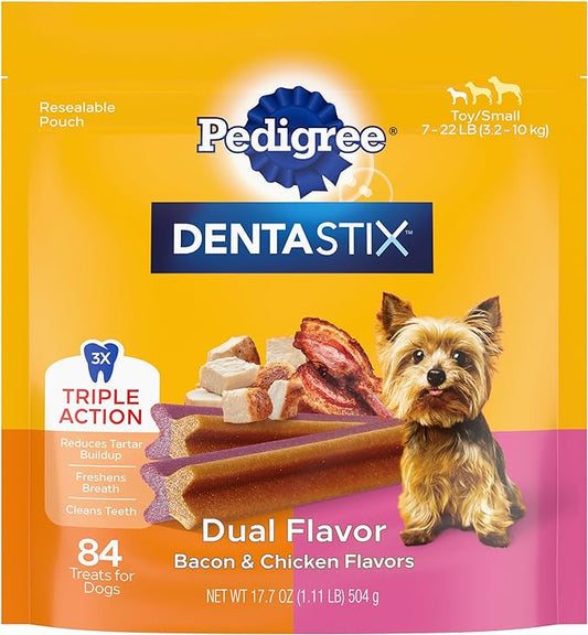 PEDIGREE DENTASTIX Dual Flavor Small Dog Dental Treats, Bacon & Chicken Flavors Dental Bones, 18.24 oz. Pack (84 Treats)