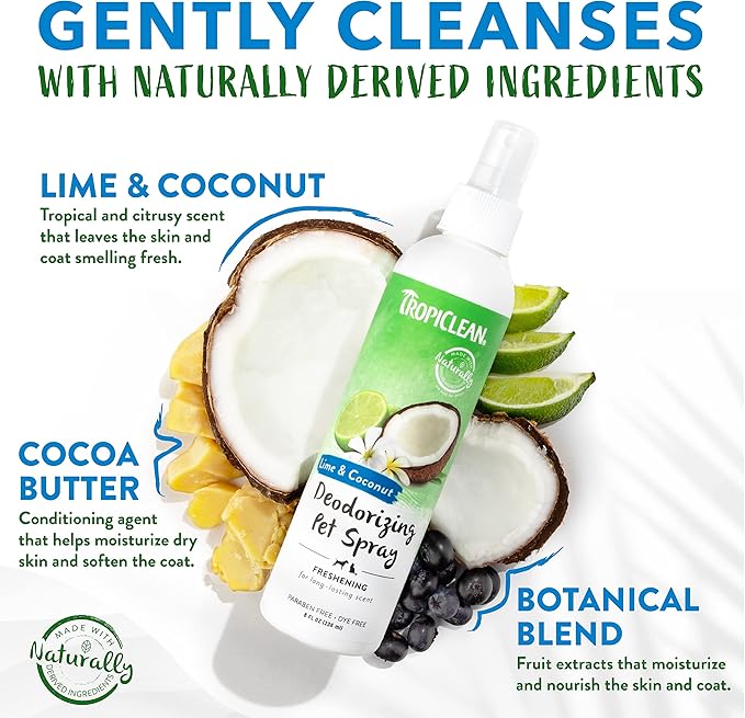 TropiClean Lime & Coconut Dog Perfume Spray Long Lasting | Naturally Derived Odor Removing Dog Deodorizing Spray | Cat Friendly | Made in USA | 8 oz.