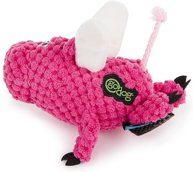 goDog Just for Me Flying Pig Checkers with Chew Guard Technology Tough Plush Dog Toy, Pink, Small