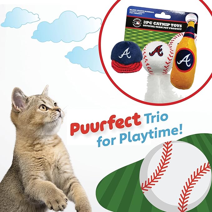 BEST PLUSH CAT TOY - MLB ATLANTA BRAVES Complete Set of 3 piece Cat Toys filed with Fresh Catnip. Incld: 1 Baseball Cap Cat Toy, 1 Baseball Cat Toy with Feathers, & 1 Beer Bottle. Beautiful Team LOGOS