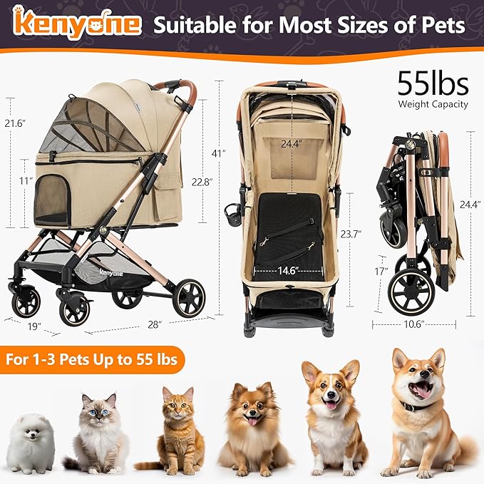 Kenyone Pet Stroller for Small to Medium Dogs Durable Cat Stroller with Lightweight Aluminum Frame, One-Click Folding, No Zip Entry, PU Wheels, Multiple Pockets(Khaki)