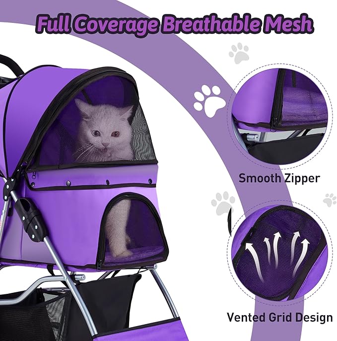 Pet Stroller 4 Wheels Dog Cat Stroller for Medium Small Dogs Cats, Folding Cat Jogger Stroller with Storage Basket & Breathable Mesh, Easy to Walk Travel Carrier, Purple