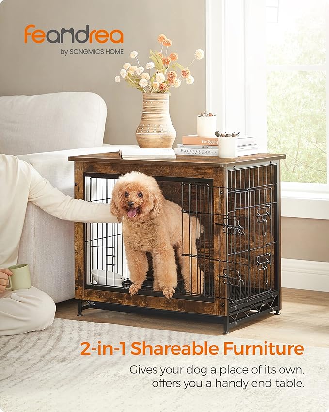 Feandrea Dog Crate Furniture, Side End Table, Modern Kennel for Dogs Indoor up to 30 lb, Heavy-Duty Dog Cage with Multi-Purpose Removable Tray, Double-Door Dog House, Rustic Brown UPFC001X01