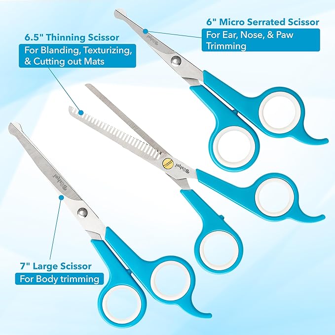 BOSHEL 3 Pc Dog Grooming Scissors Kit - 7" Scissor For Body Hair Trimming, 6" Small Micro-serrated Scissor For Face, Ear, & Paws, Thinning Shears For Dogs - Professional Dog Grooming Kit For Cat & Pet