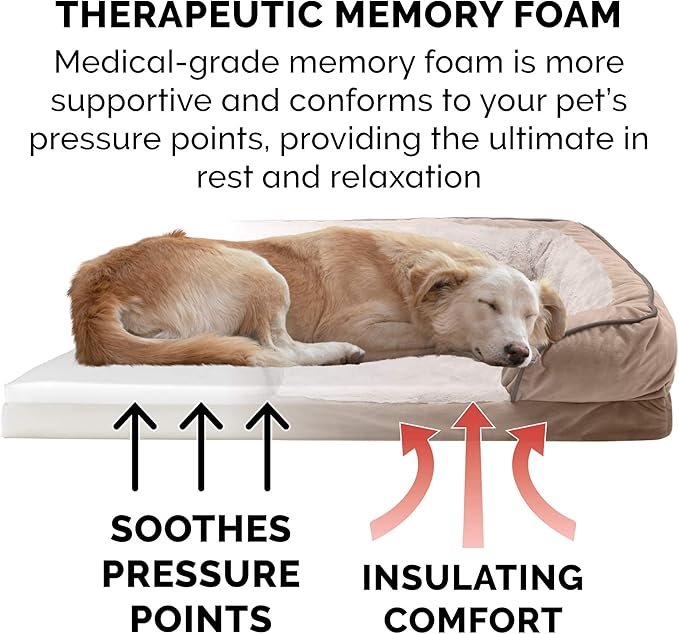 Furhaven Memory Foam Dog Bed for Large/Medium Dogs w/ Removable Bolsters & Washable Cover, For Dogs Up to 55 lbs - Plush & Velvet Waves Perfect Comfort Sofa - Brownstone, Large