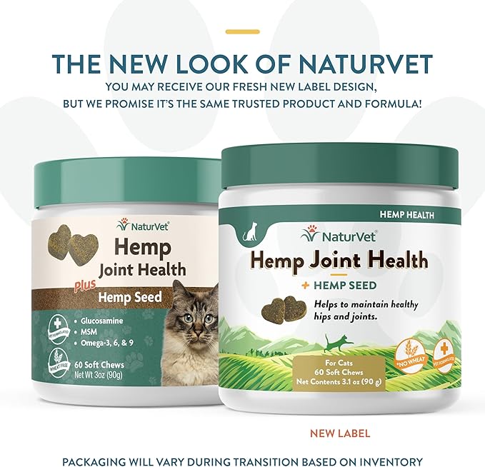 NaturVet – Hemp Joint Health for Cats - Plus Hemp Seed – 60 Soft Chews – Supports Healthy HIPS & Joints – Enhanced with Glucosamine, MSM & Hemp Seed– 30 Day Supply