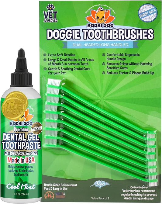 Bodhi Dog Dental Gel Freshens Bad Breath & Reduces Tartar & Plaque Build Up + Dual-Headed Long Dog Toothbrush | Safe and Super Soft Bristles for Gentle Pet Dental Care | Oral Care Bundle for Pets