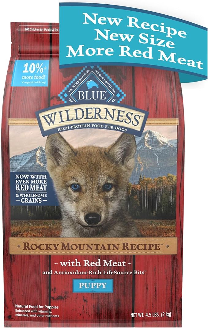 Blue Buffalo Wilderness Rocky Mountain Recipe High-Protein Dry Puppy Food with DHA, Made in the USA with Natural Ingredients Plus Wholesome Grains, Red Meat, 4.5-lb. Bag