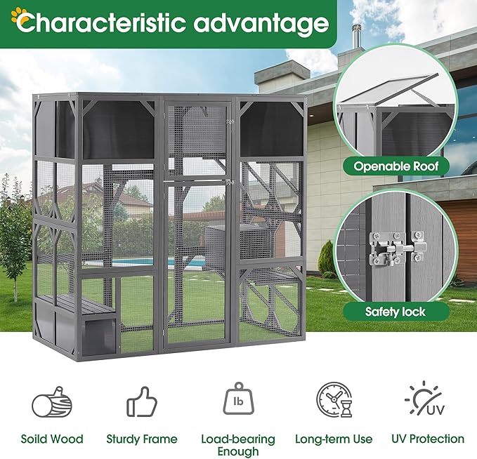 68 Inch Wooden Catio Outdoor Cat Enclosure w/Napping Houses, Luxury Kitty-House with Jumping Platforms & Weatherproof Asphalt Roof, Walk-in Kitty Kennel Condo Shelter