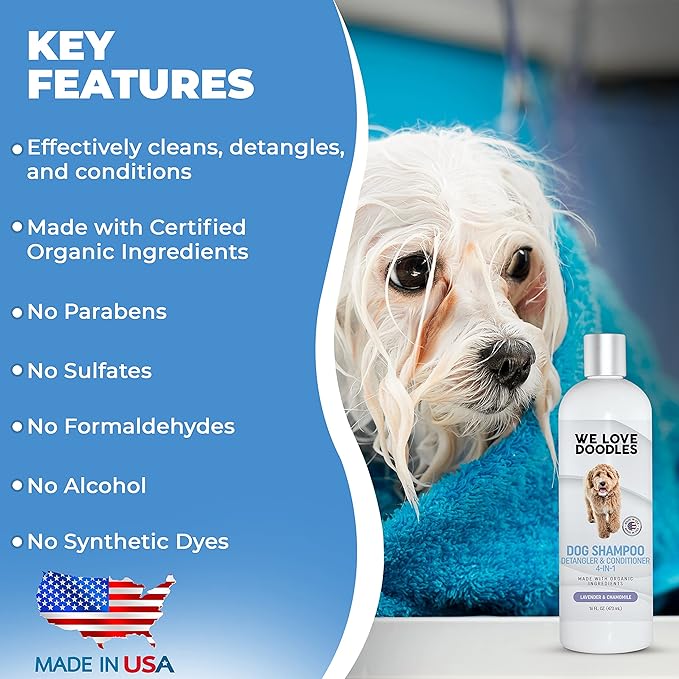 USDA Organic Dog Shampoo, Conditioner & Detangler - Best Shampoo for Goldendoodles, Poodles & Doodles - for Matted Pet Hair - Sensitive Skin Shampoo for Puppies - Made in The USA, 16OZ (Lavender)