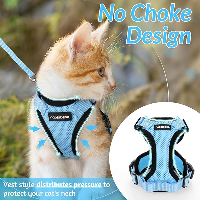 rabbitgoo Cat Harness and Leash for Walking, Escape Proof Soft Adjustable Vest Harnesses for Cats, Easy Control Breathable Reflective Strips Jacket, Light Blue, S