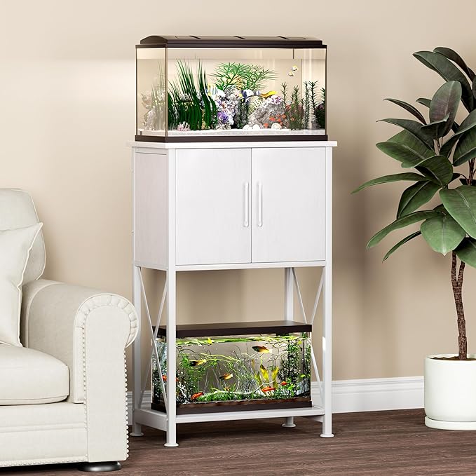 5-10 Gallon Fish Tank Stand, Metal Double Aquarium Stand with Cabinet for Fish Tank Accessories Storage, Heavy Duty 20.5" L* 11.02" W Tabletop, 500LBS Capacity White PG06YGW