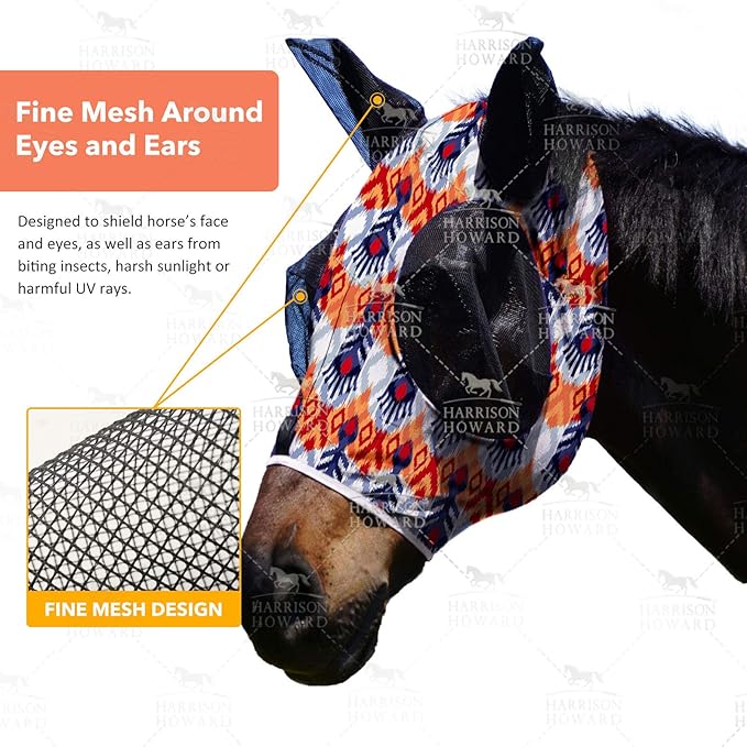 Harrison Howard Super Comfort Stretchy Fitting Horse Fly Mask with UV Protection Soft on Skin with Breathability Tribe Feather Cob (Medium)