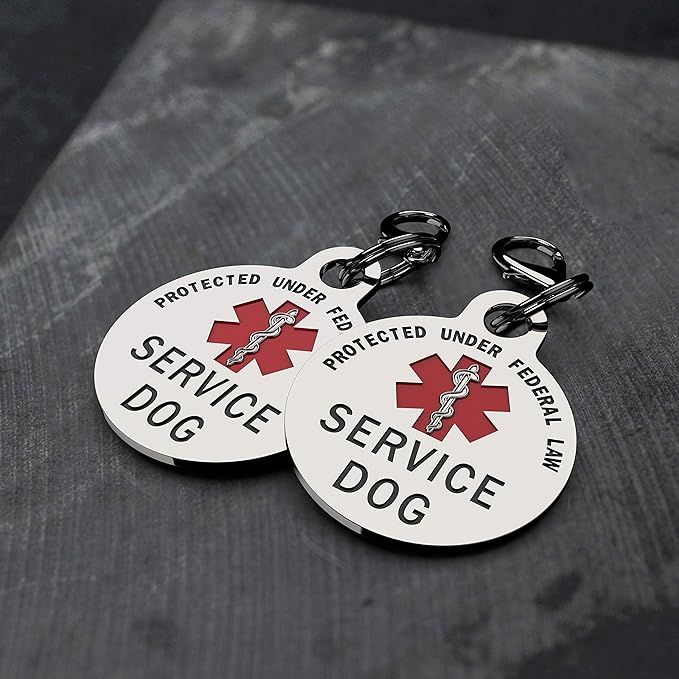 Service Dog TAG Small Breed Premium Double Sided Dog Identification .999 inch Engraved -Bold Protected Under Federal Law with Medical Alert Symbol Easily Attach to Collar Harness and Service Dog Vest