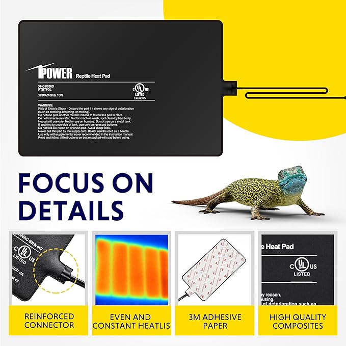 iPower Reptile Heat Pad 8X12 Inch 16W Under Tank Terrarium Warmer Heating Mat for Turtle, Lizard, Frog, Snake, Reptile, and Other Small Animals