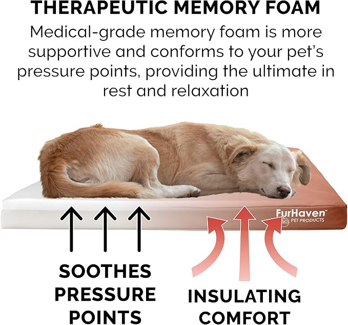 Furhaven Water-Resistant Memory Foam Dog Bed for Medium/Small Dogs w/ Removable Washable Cover, For Dogs Up to 35 lbs - Indoor/Outdoor Logo Print Oxford Polycanvas Mattress - Chestnut, Medium