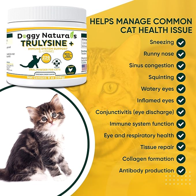 Trulysine Plus L-Lysine for Cats Immune Support Oral Powder 8oz/226g - Cats & Kittens of All Age, Sneezing, Runny Nose Squinting, Watery Eyes Chicken Liver Flavor (U.S.A)(226 Grams (900mg / Scoop))