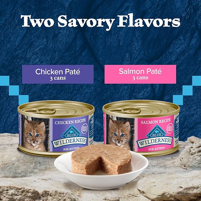 Blue Buffalo Wilderness High Protein Grain Free, Natural Kitten Pate Wet Cat Food Variety Pack, Chicken, Salmon 3-oz (6 Count- 3 of Each Flavor)