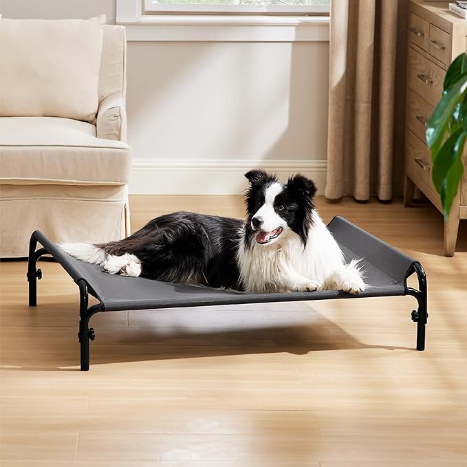 Bedsure XL Elevated Raised Outdoor Dog Bed - Cooling Dog Cot Bed with Bolster for Extra Large Dog, Lifted Pet Bed with Breathable Teslin Mesh, Dog Hammock Bed with Non-Slip Feet, Grey, 42 inches