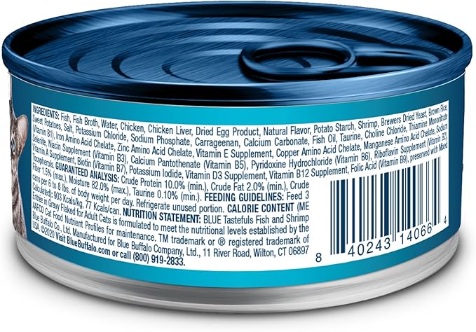 Blue Buffalo Tastefuls Flaked Wet Cat Food, Made with Natural Ingredients | Fish & Shrimp, 3-oz. Cans (24 Count)