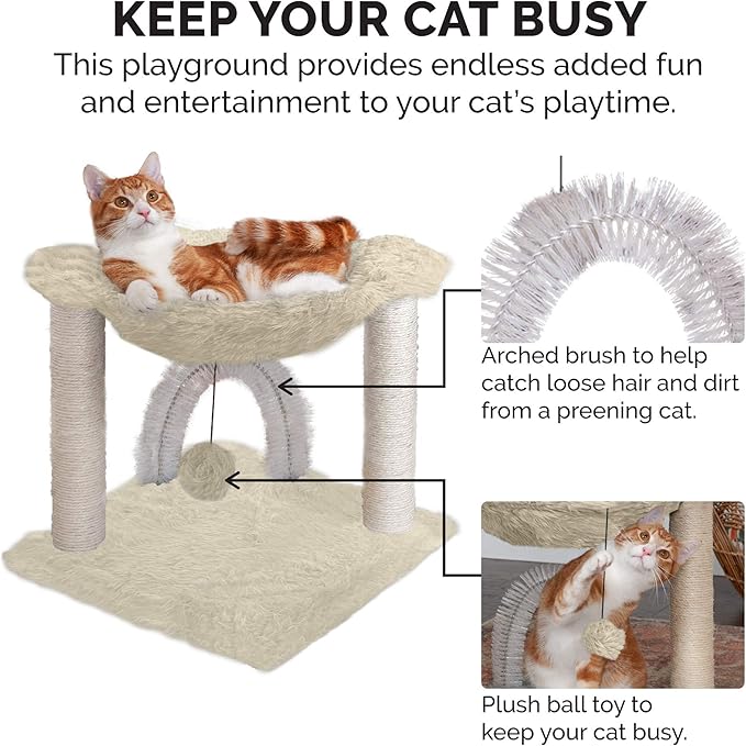 Furhaven 15.75" Tall Playground for Indoor Cats, Ft. Sisal Scratching Posts, Self-Grooming Brush, & Toy - Tiger Tough Hammock Interactive Playground - Cream, One Size