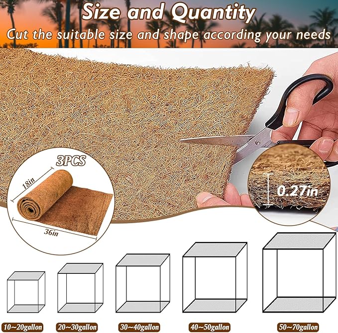 ZeeDix 3 Pieces Coconut Fiber Reptile Substrate Mat, 18 x 36 inches Natural Coco Mat Reptile Carpet Coco Fiber Liner Turtle Bedding Reptile Terrarium Liner for Lizard Snake Turtle Gecko Bearded Dragon