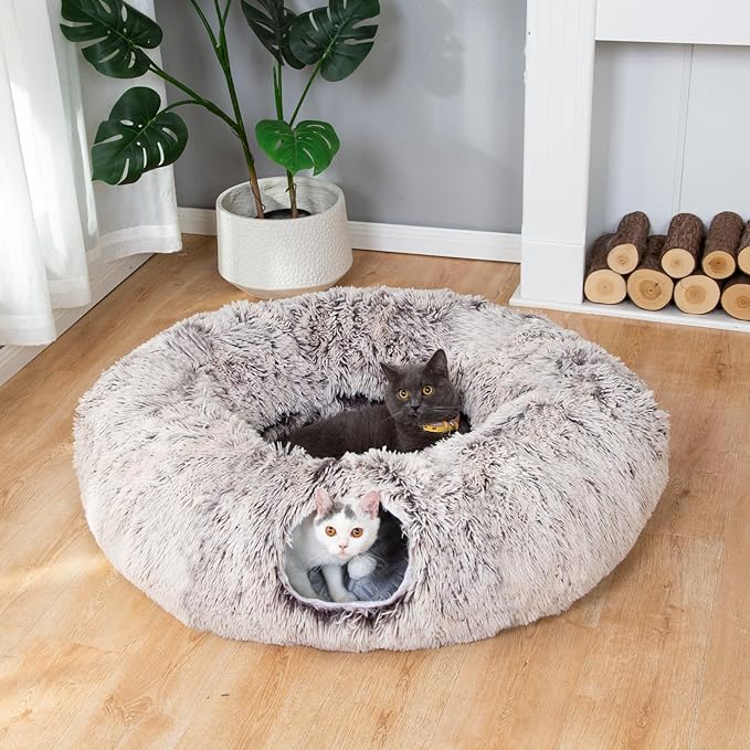 LUCKITTY Warm Fluffy Plush Cat Dog Tunnel Bed with Washable Cushion-Big Tube Playground Toys 3 FT Diameter Longer Crinkle Collapsible 3 Way, for Indoor Cat Kitty Kitten Puppy Rabbit Ferret Brown