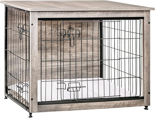 DWANTON Dog Crate Furniture with Cushion, Wooden Dog Crate with Double Doors, Dog Furniture, Indoor Dog Kennel，End Table, Medium, 32.5" L, Greige