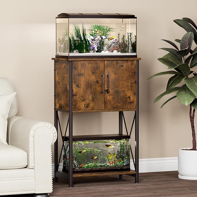 5-10 Gallon Fish Tank Stand, Metal Double Aquarium Stand with Cabinet for Fish Tank Accessories Storage, Heavy Duty 20.5" L* 11.02" W Tabletop, 500LBS Capacity Rustic Brown and Black PG06YGN