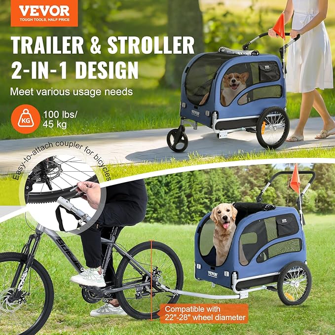 VEVOR Dog Bike Trailer, Supports up to 66/88/100 lbs, 2-in-1 Pet Stroller Cart Bicycle Carrier, Easy Folding Cart Frame with Quick Release Wheels, Universal Bicycle Coupler, Reflectors, Flag