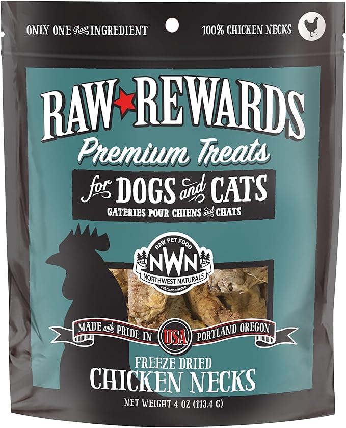 Northwest Naturals Raw Rewards Freeze-Dried Chicken Neck Treats for Dogs and Cats - Whole Neck - Healthy, 1 Ingredient, Human Grade Pet Food, All Natural - 4 Oz (Packaging May Vary)