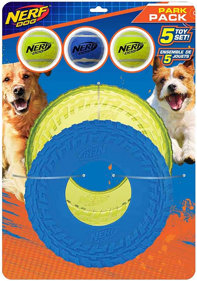 Nerf Dog 5-Piece Dog Toy Gift Set, includes 2.5in Squeak Tennis Ball 3-Pack, 10in Translucent TPR Tire Flyer, and 10in TPR Tire Flyer, Nerf Tough Material, Green and Blue