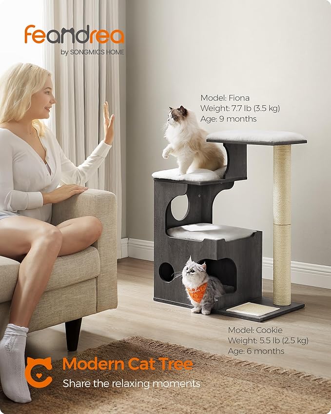 Feandrea WoodyWonders Cat Tree, 33.8-Inch Modern Cat Tower, Cat Condo with 3 Perches, Scratching Post and Mat, Cave, 4 Removable Washable Cushions, Misty Gray UPCT070G02