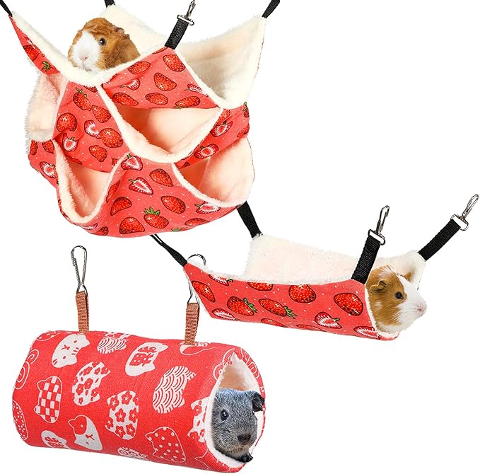 3 Pieces Small Pet Hammock Tunnel Ferret Hammock Hamster Nest Bed Glider Guinea Pig Ferret Hammock Set for Small Pets (Strawberry)