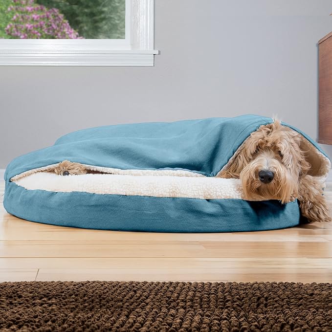 Furhaven 35" Round Orthopedic Dog Bed for Large/Medium Dogs w/ Removable Washable Cover, For Dogs Up to 50 lbs - Sherpa & Suede Snuggery - Blue, 35-inch