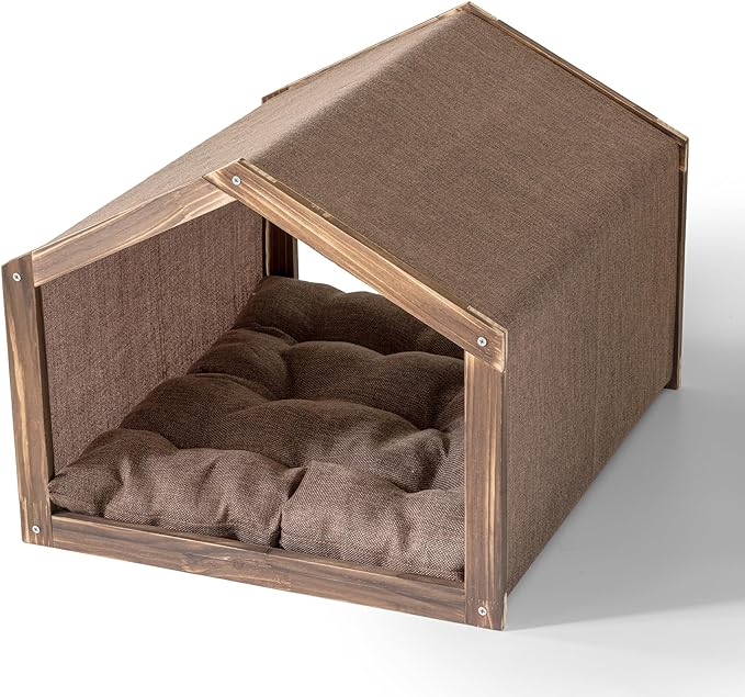 Dog House with Wooden Frame for Small Dogs or Cats Pet House with Fabric Cushion for Indoor (Brown)